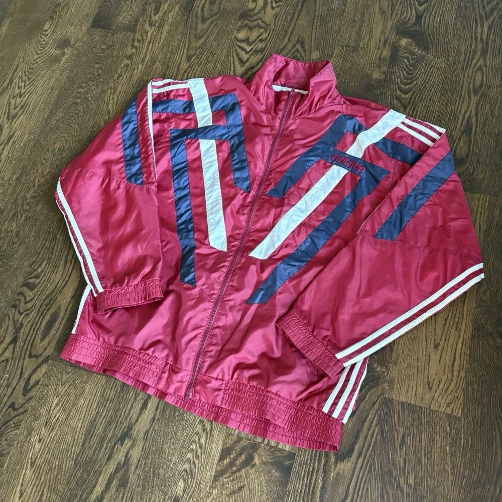 Vtg 90s Adidas Windbreaker Red Navy Geometric Retro Lined Track Baggy Jacket
